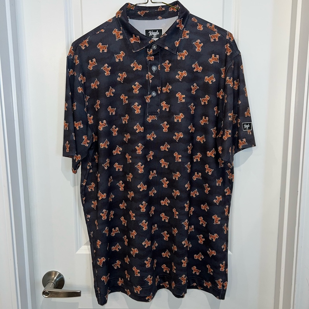 Waggle Tiger Woods Collection Men's Black Polo Shirt with Orange Tiger Pattern